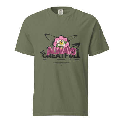 Moss T-shirt with a pink flower and Always Grateful lettering, front view.