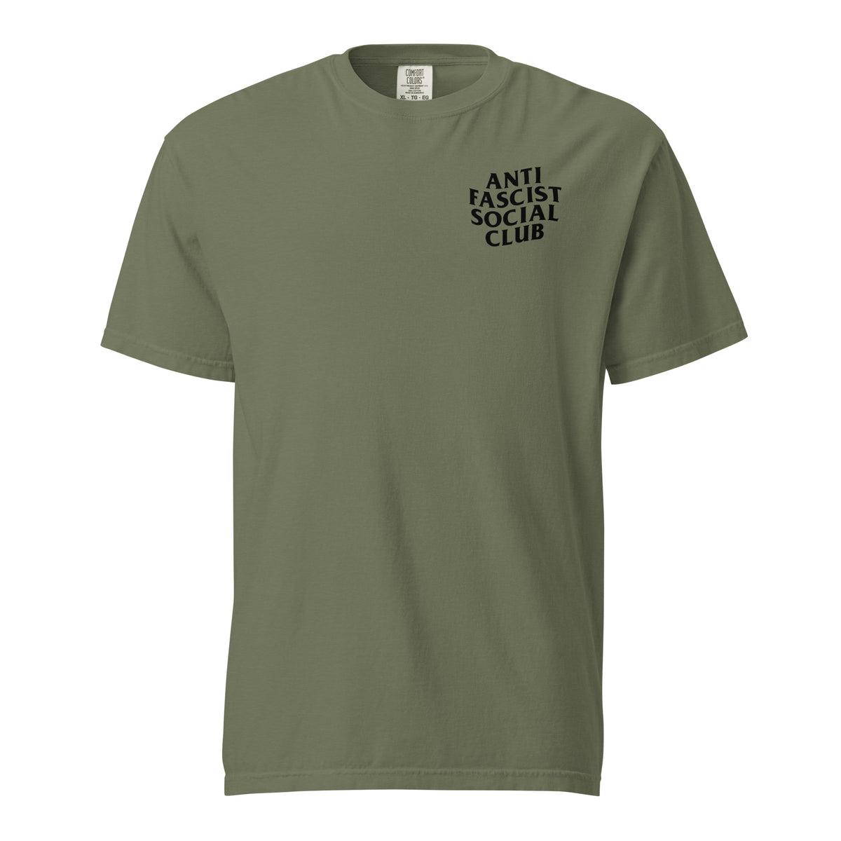 Moss T-shirt, front view with small black "Anti Fascist Social Club" chest lettering.