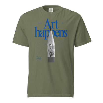 Moss T-shirt with blue Art Happens text and pencil graphic, front view.