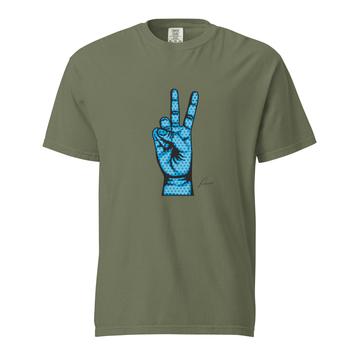 Moss T-shirt, front view, with an illustrated blue hand making a peace sign.