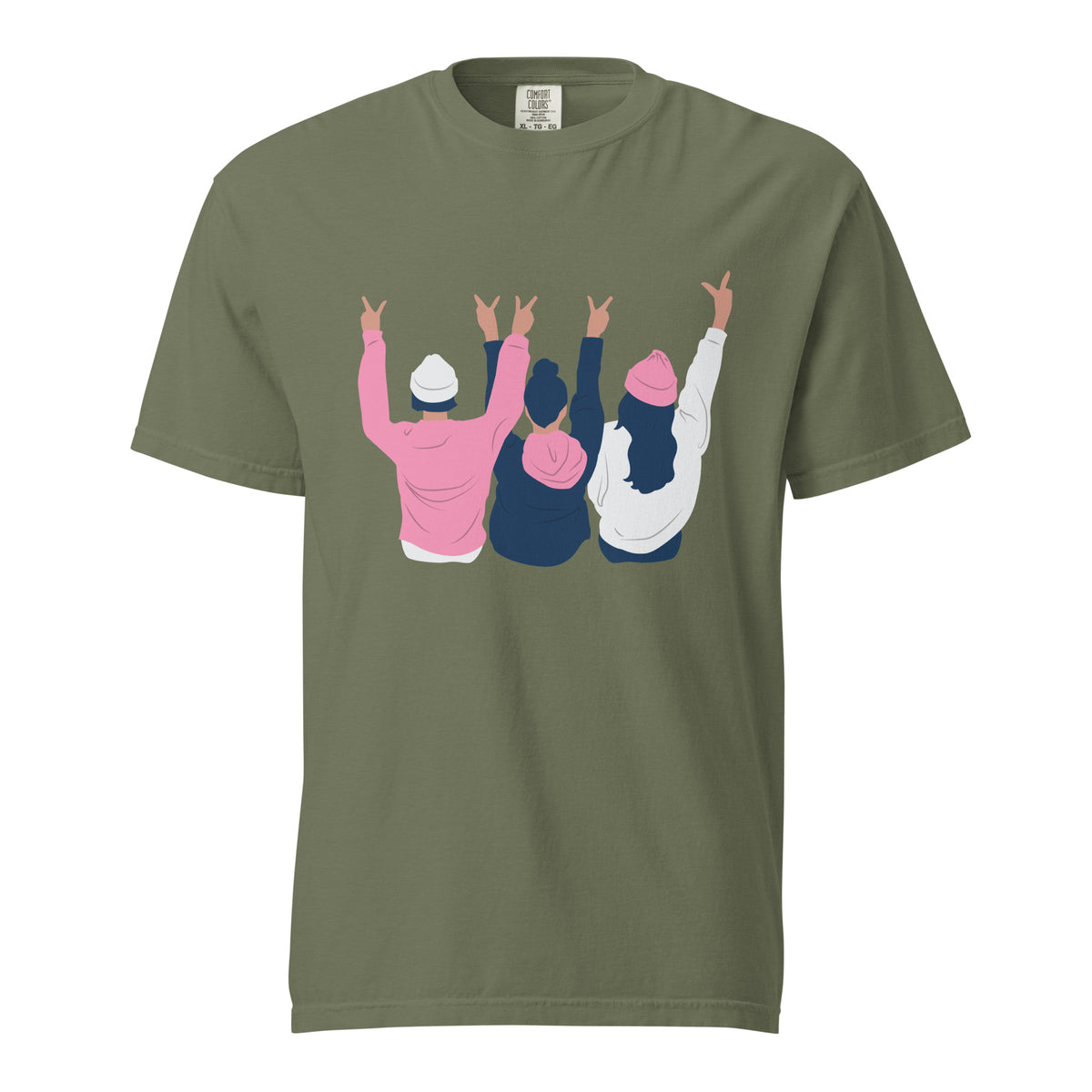 Moss T-shirt, front view with an illustration of three figures raising peace signs.