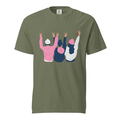 Moss T-shirt, front view with an illustration of three figures raising peace signs.