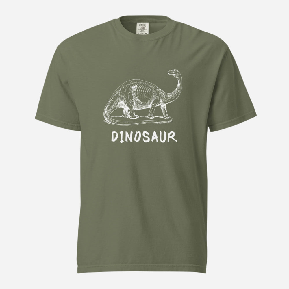 Moss T-shirt with a white dinosaur illustration and Dinosaur lettering, front view.