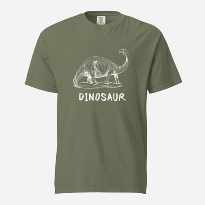 Moss T-shirt with a white dinosaur illustration and Dinosaur lettering, front view.