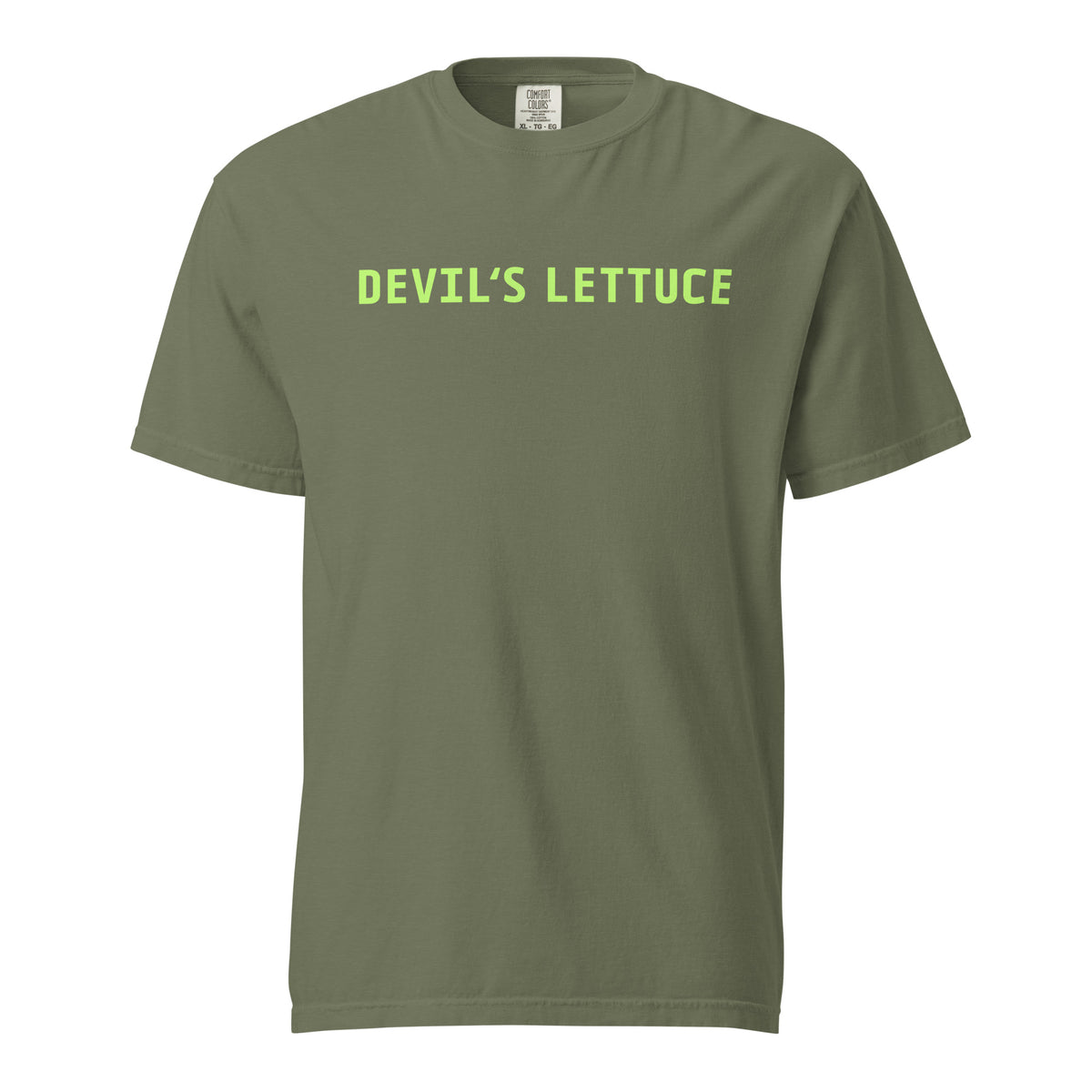 Moss T-shirt, front view with bright green "Devilâ€™s Lettuce" lettering.