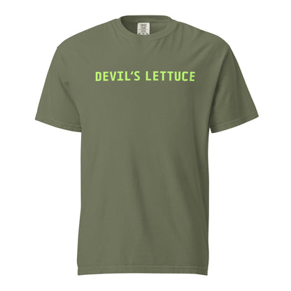 Moss T-shirt, front view with bright green "Devilâ€™s Lettuce" lettering.