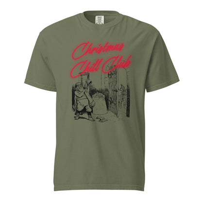 Moss T-shirt, front view, with a seated Santa illustration beneath red 'Christmas Chill Club' script.