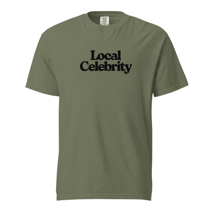 Moss T-shirt, front view, with black stacked 'Local Celebrity' lettering.