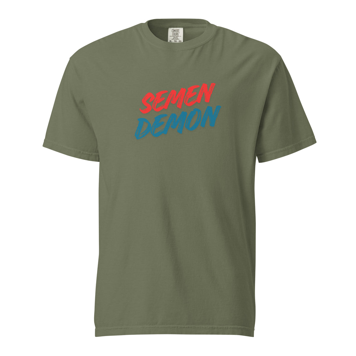 Moss T-shirt, front view, with red and teal 'Semen Demon' lettering.