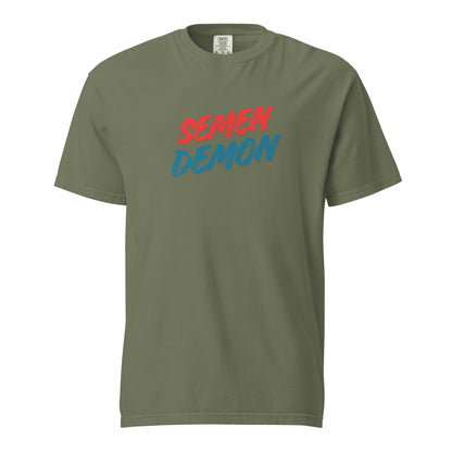 Moss T-shirt, front view, with red and teal 'Semen Demon' lettering.