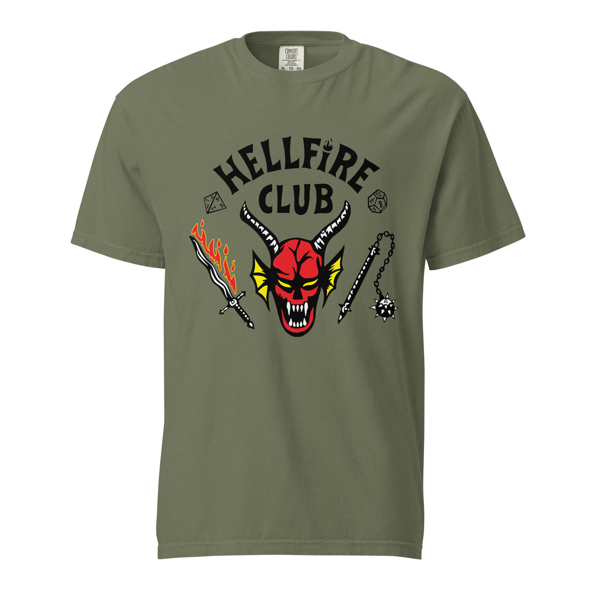 Moss T-shirt, front view, with a red horned face beneath black 'Hellfire Club' lettering.