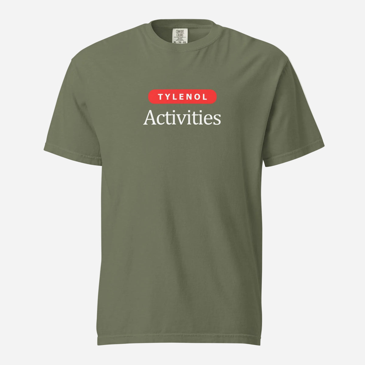 Moss T-shirt, front view, with a red 'Tylenol' label above white 'Activities' lettering.