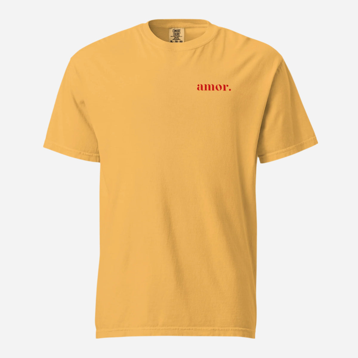 Mustard T-shirt, front view, with small red 'amor.' lettering on the chest.