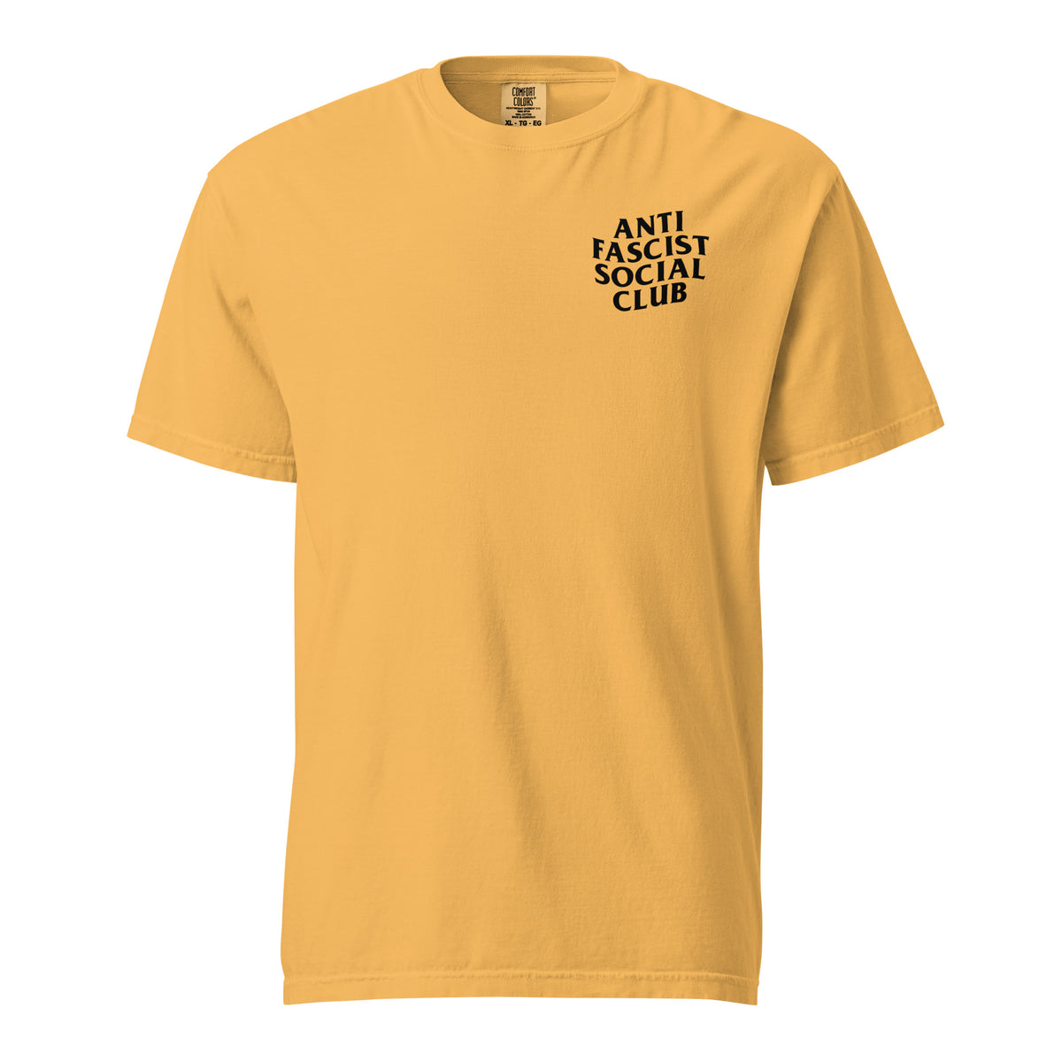 Mustard T-shirt, front view with small black "Anti Fascist Social Club" chest lettering.