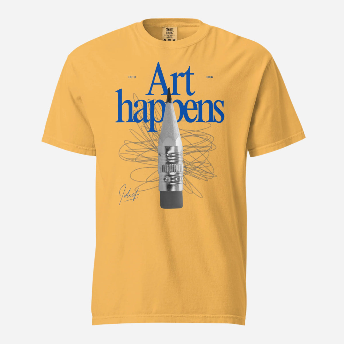 Mustard T-shirt with blue Art Happens text and pencil graphic, front view.