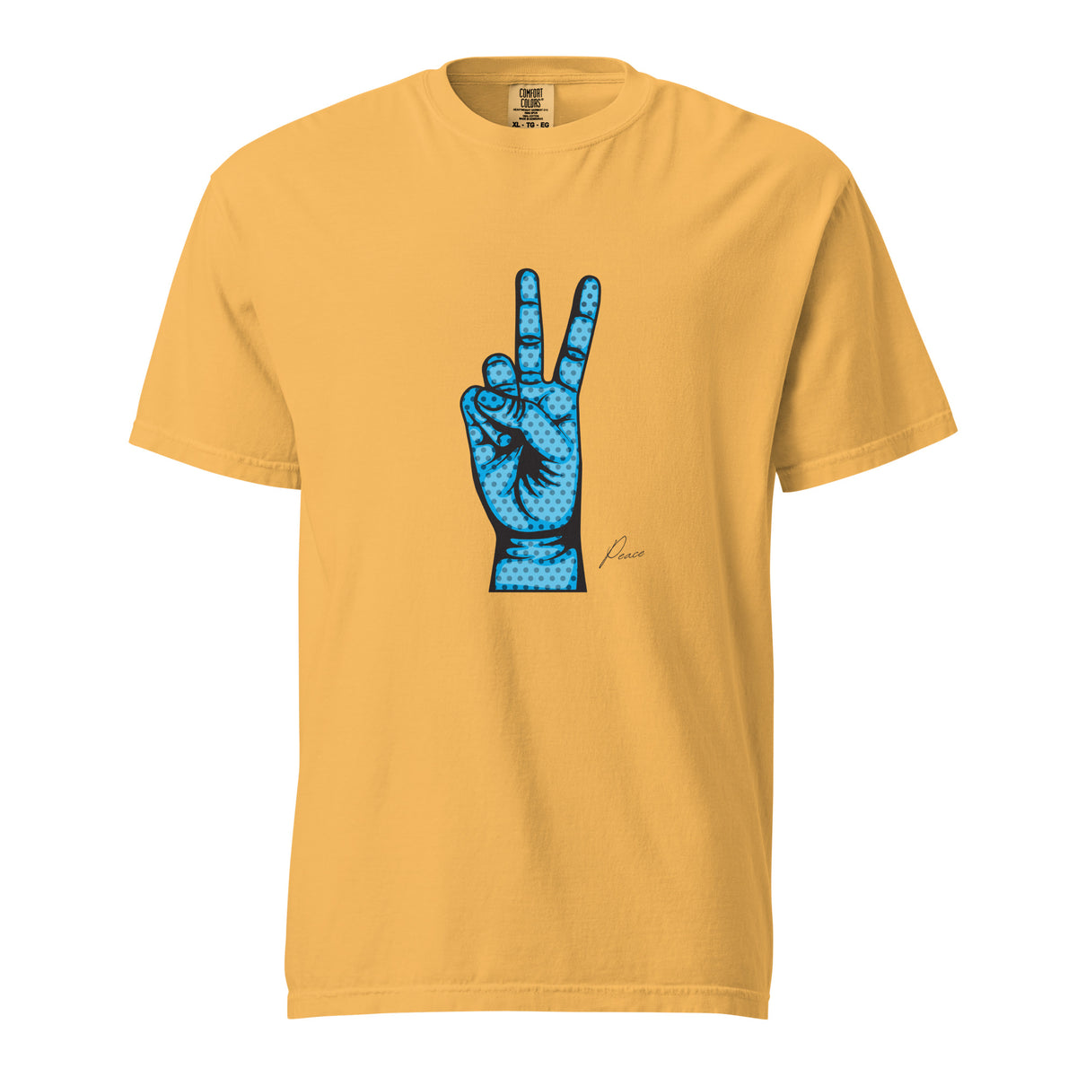 Mustard T-shirt, front view, with an illustrated blue hand making a peace sign.