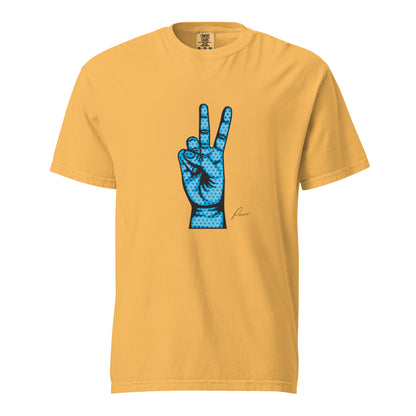 Mustard T-shirt, front view, with an illustrated blue hand making a peace sign.
