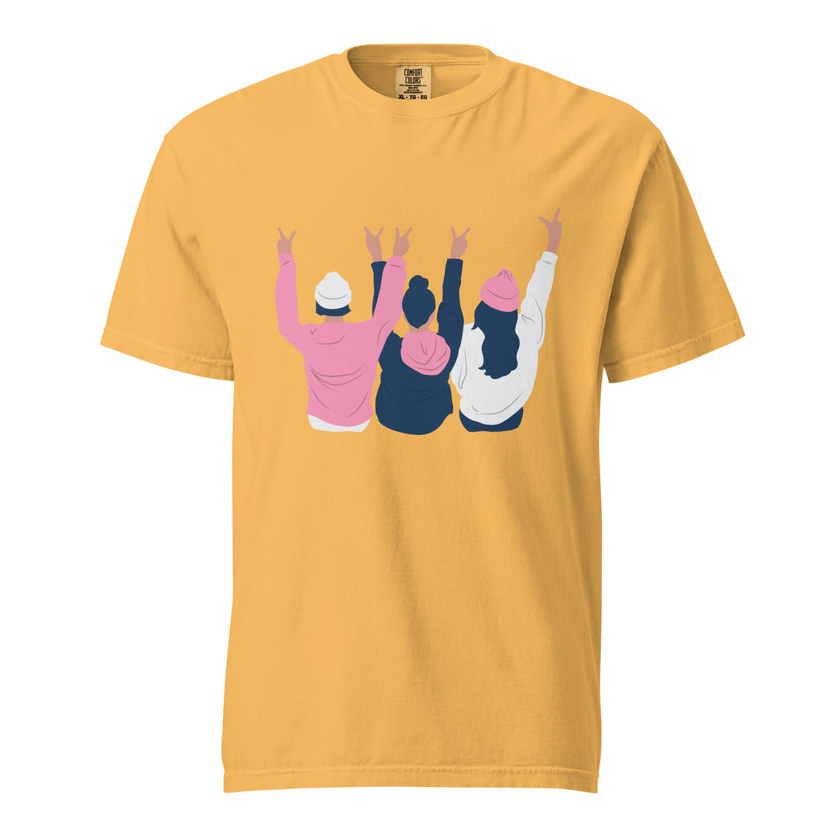 Mustard T-shirt, front view with an illustration of three figures raising peace signs.