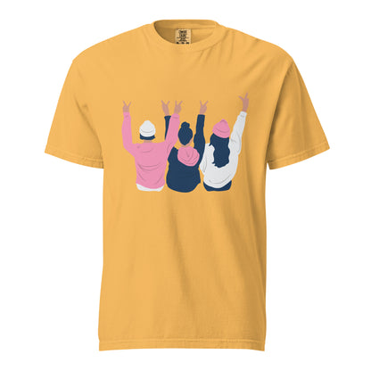 Mustard T-shirt, front view with an illustration of three figures raising peace signs.