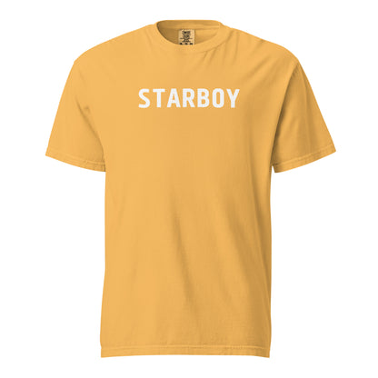 Mustard T-shirt, front view with white "STARBOY" lettering.
