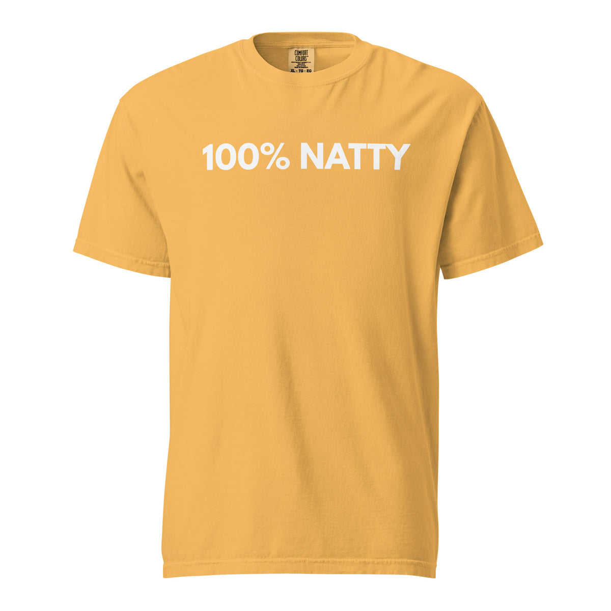 Mustard T-shirt, front view, with white '100% NATTY' lettering.