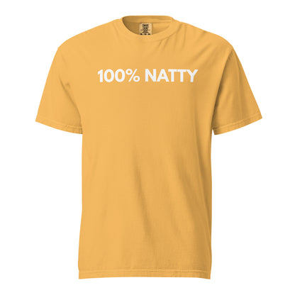 Mustard T-shirt, front view, with white '100% NATTY' lettering.