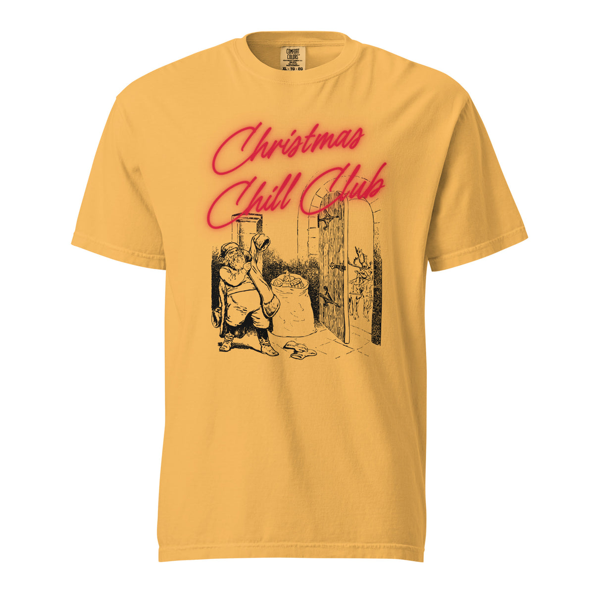 Mustard T-shirt, front view, with a seated Santa illustration beneath red 'Christmas Chill Club' script.