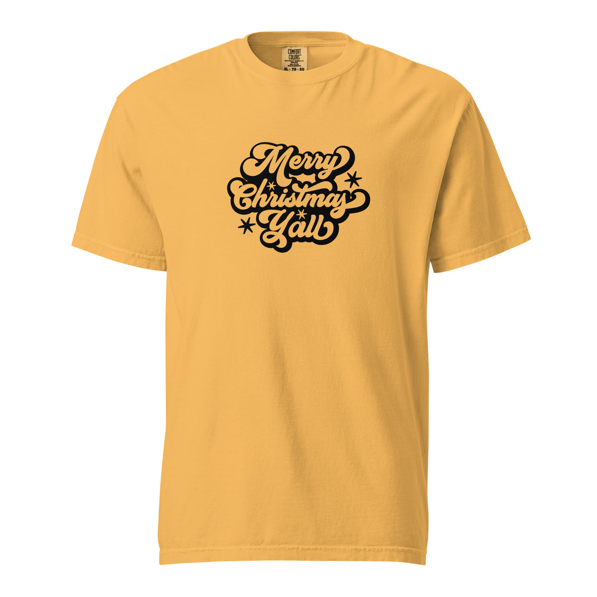 Mustard T-shirt, front view, with black 'Merry Christmas Y'all' script and stars.