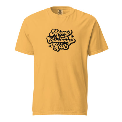 Mustard T-shirt, front view, with black 'Merry Christmas Y'all' script and stars.
