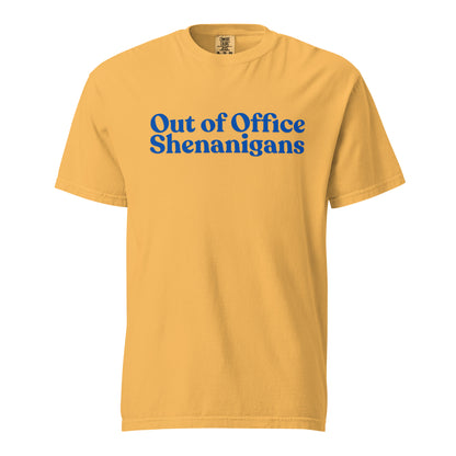 Mustard T-shirt, front view, with blue stacked 'Out of Office Shenanigans' lettering.
