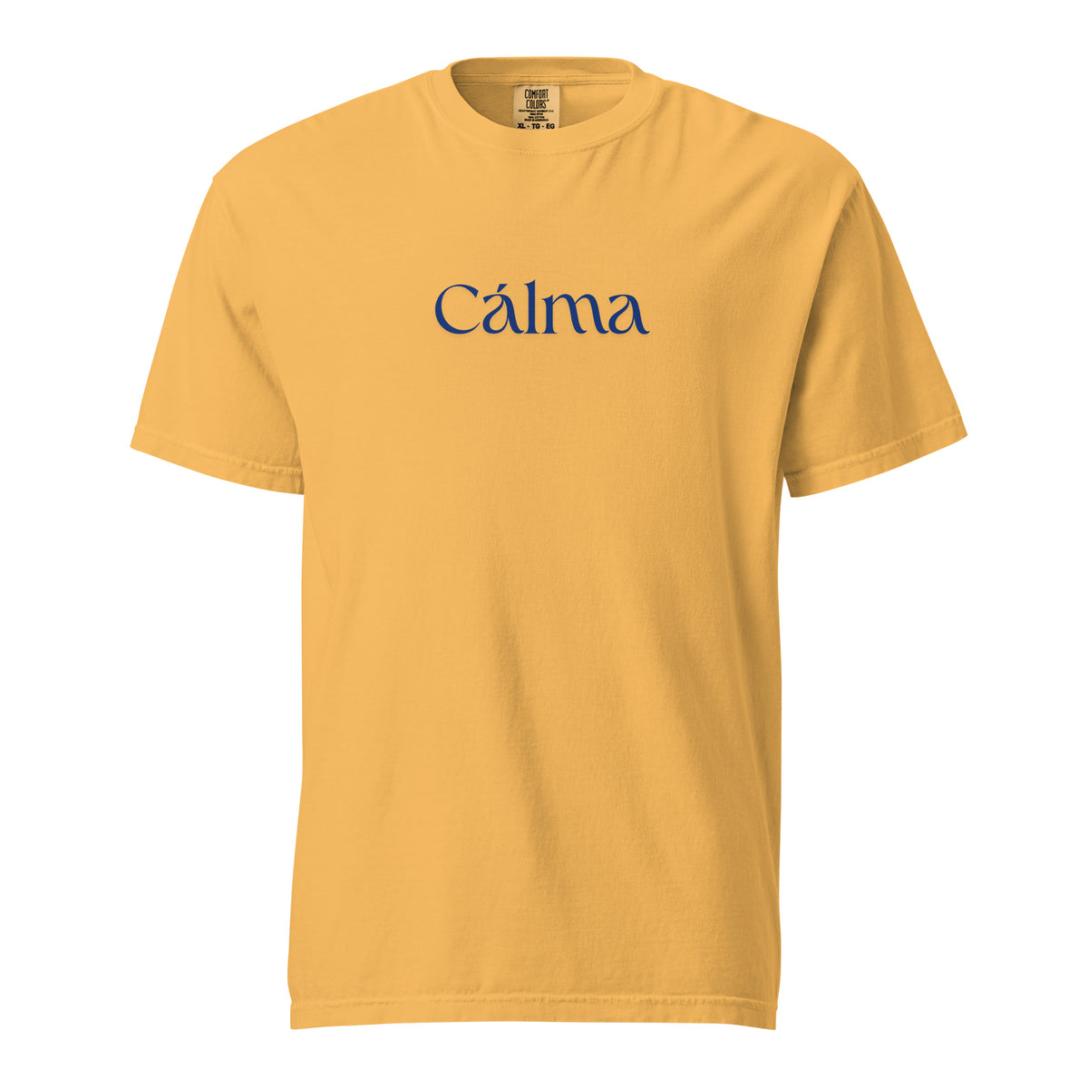 Mustard T-shirt, front view, with blue 'Calma' lettering.