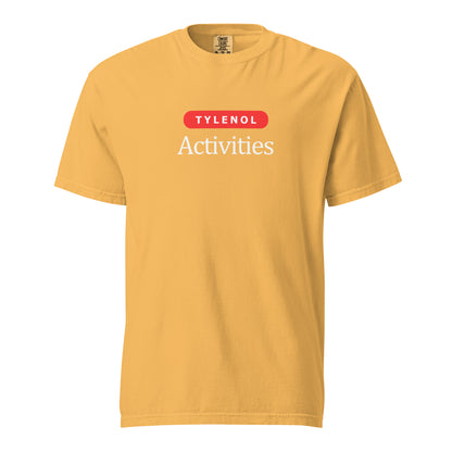Mustard T-shirt, front view, with a red 'Tylenol' label above white 'Activities' lettering.