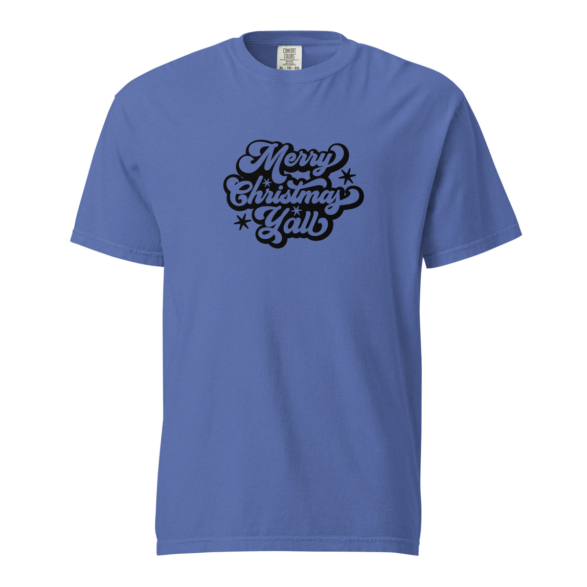 Blue T-shirt, front view, with black 'Merry Christmas Y'all' script and stars.