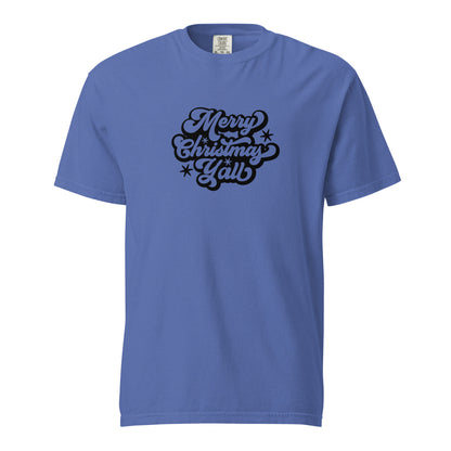 Blue T-shirt, front view, with black 'Merry Christmas Y'all' script and stars.