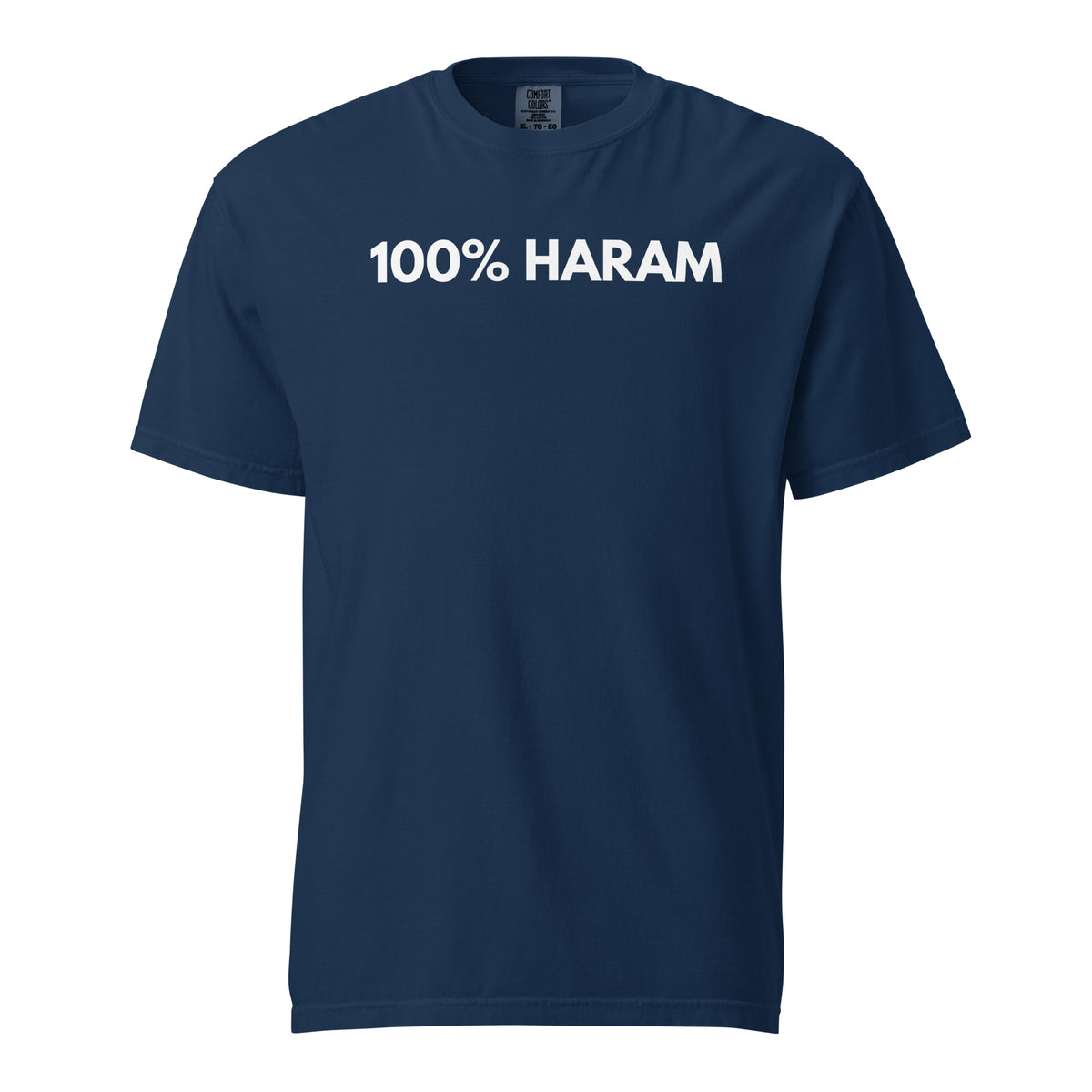 Navy T-shirt, front view, with white '100% HARAM' lettering.