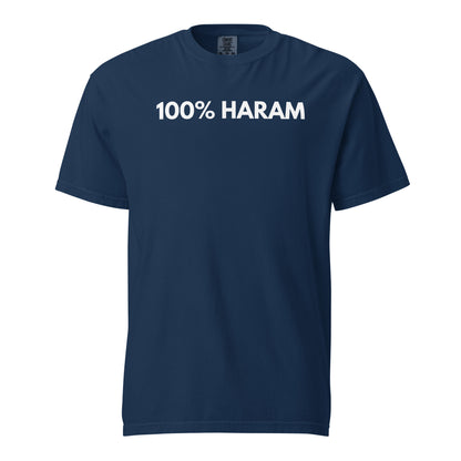 Navy T-shirt, front view, with white '100% HARAM' lettering.
