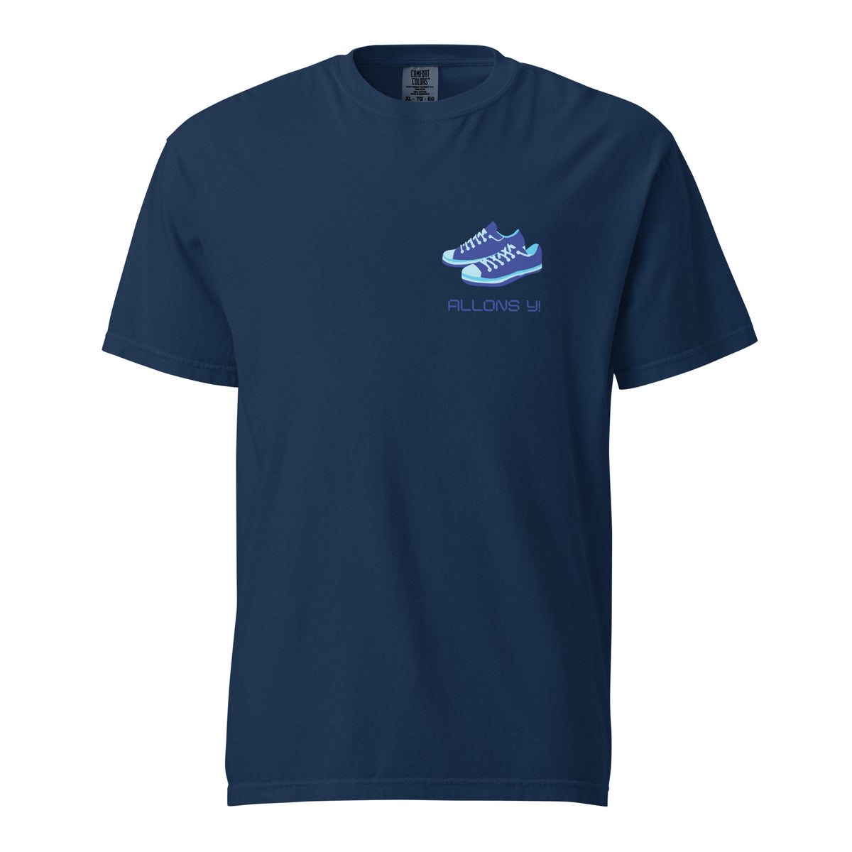 Navy T-shirt, front view with blue sneakers and "Allons Y" chest lettering.