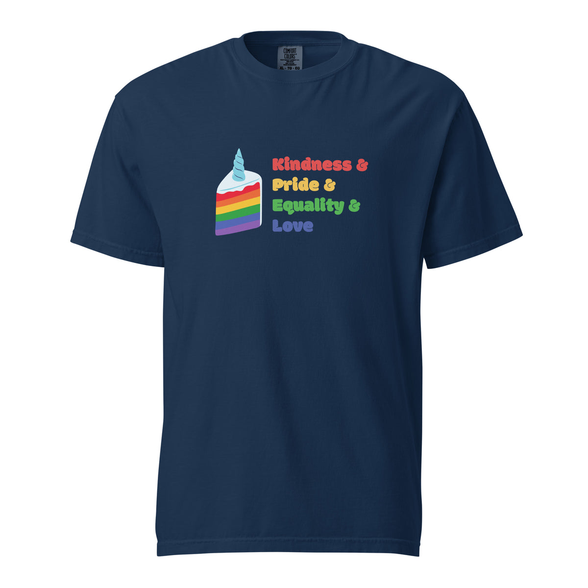 Navy T-shirt with a rainbow graphic and Kindness, Pride, Equality and Love text, front view.
