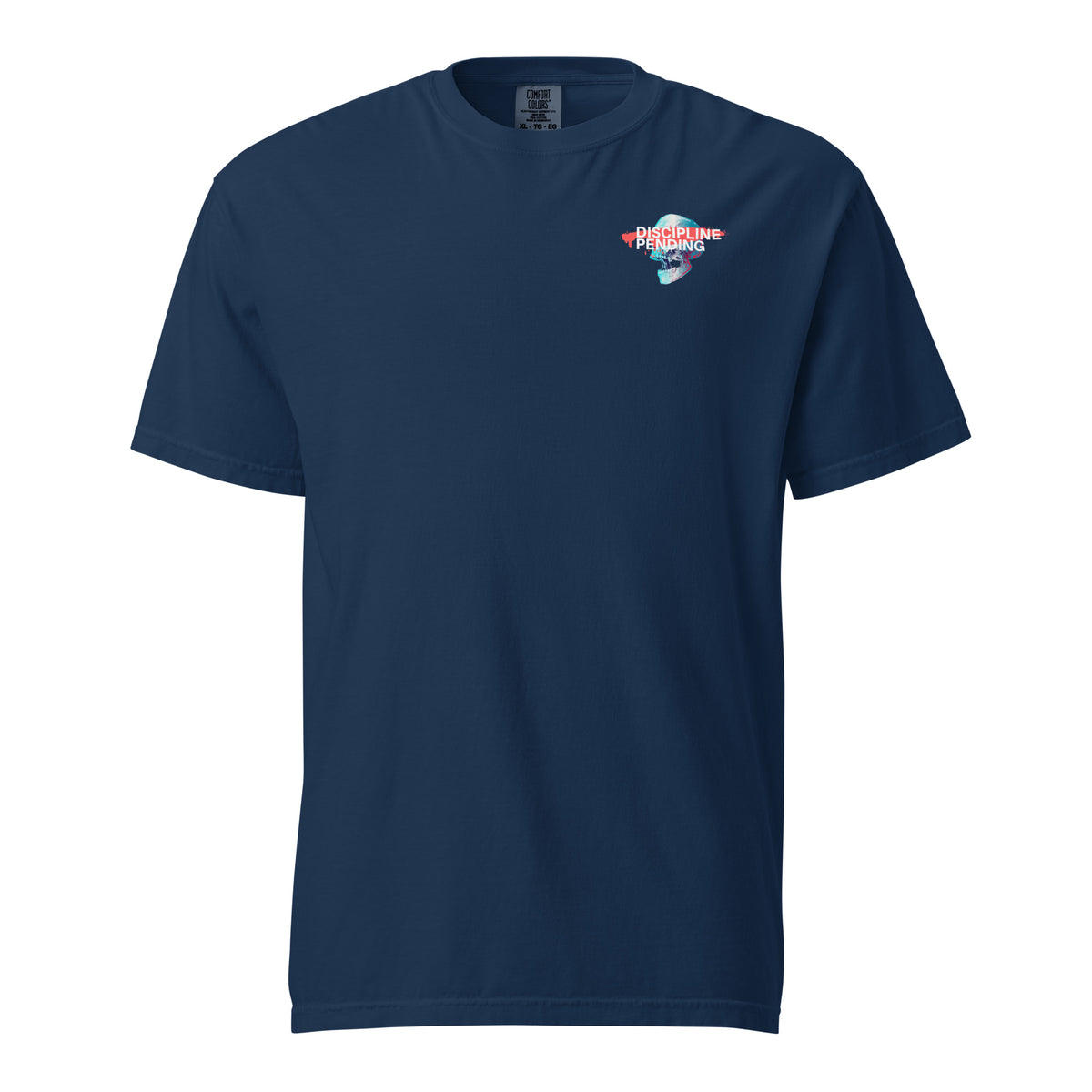 Navy T-shirt with a small blue skull graphic with red bar, front view.