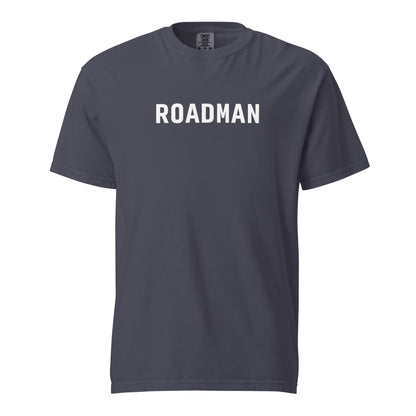 Navy T-shirt, front view, with white 'ROADMAN' lettering.