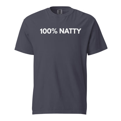 Navy T-shirt, front view, with white '100% NATTY' lettering.