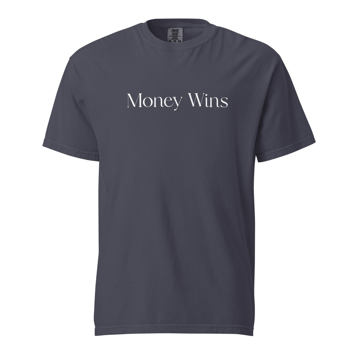 Navy T-shirt, front view, with white 'Money Wins' lettering.