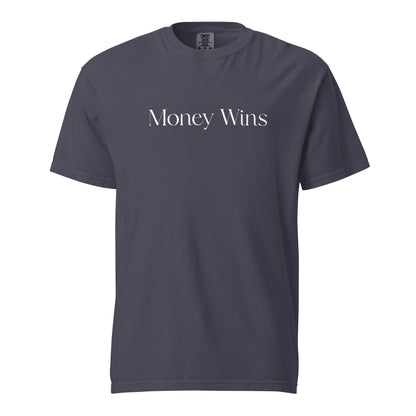 Navy T-shirt, front view, with white 'Money Wins' lettering.