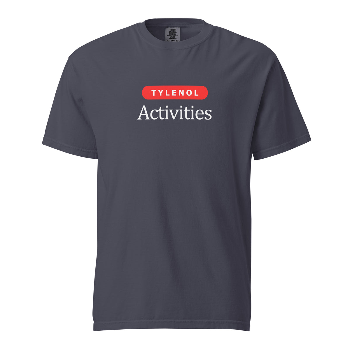 Navy T-shirt, front view, with a red 'Tylenol' label above white 'Activities' lettering.