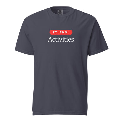 Navy T-shirt, front view, with a red 'Tylenol' label above white 'Activities' lettering.