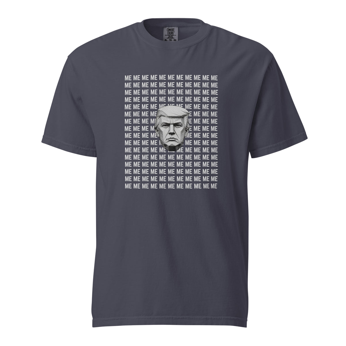 Navy T-shirt, front view with a grayscale Trump portrait surrounded by repeated ME text.