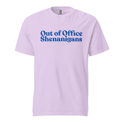 Orchid T-shirt, front view, with blue stacked 'Out of Office Shenanigans' lettering.