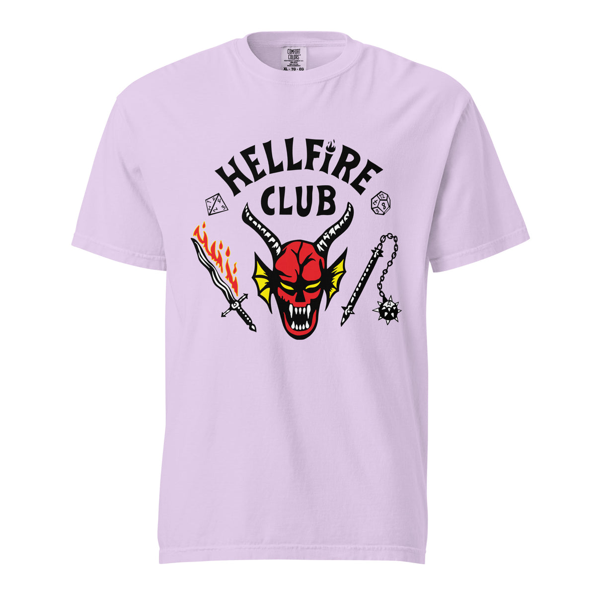Orchid T-shirt, front view, with a red horned face beneath black 'Hellfire Club' lettering.
