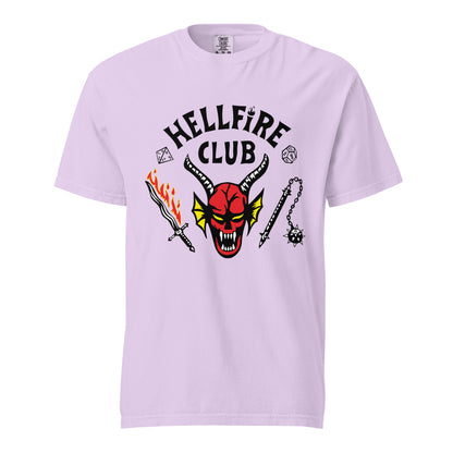 Orchid T-shirt, front view, with a red horned face beneath black 'Hellfire Club' lettering.