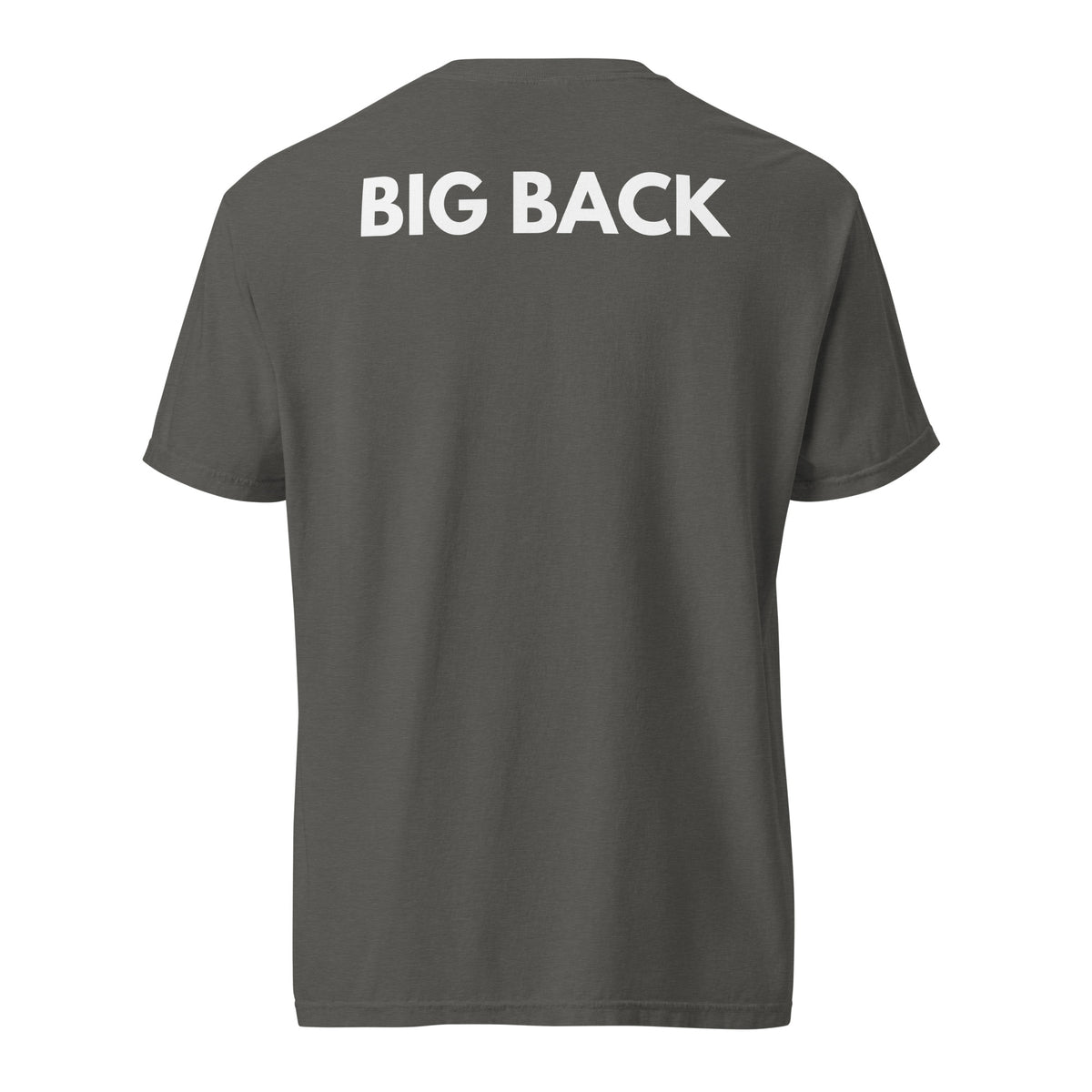 Pepper T-shirt with white Big Back lettering, back view.
